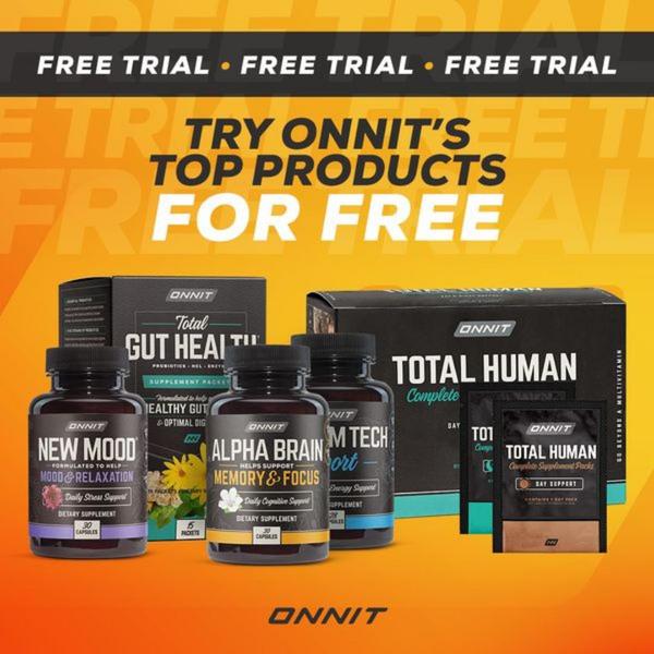 A square-format static ad highlighting a free trial offer for a variety of dietary supplements with clear product visibility and high-contrast branding.